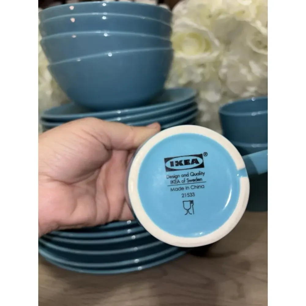 IKEA set 25 pcs-Fargrik 15199 Turquoise 4 Mugs/Bowls 9 Salad 8 Dinner Plates